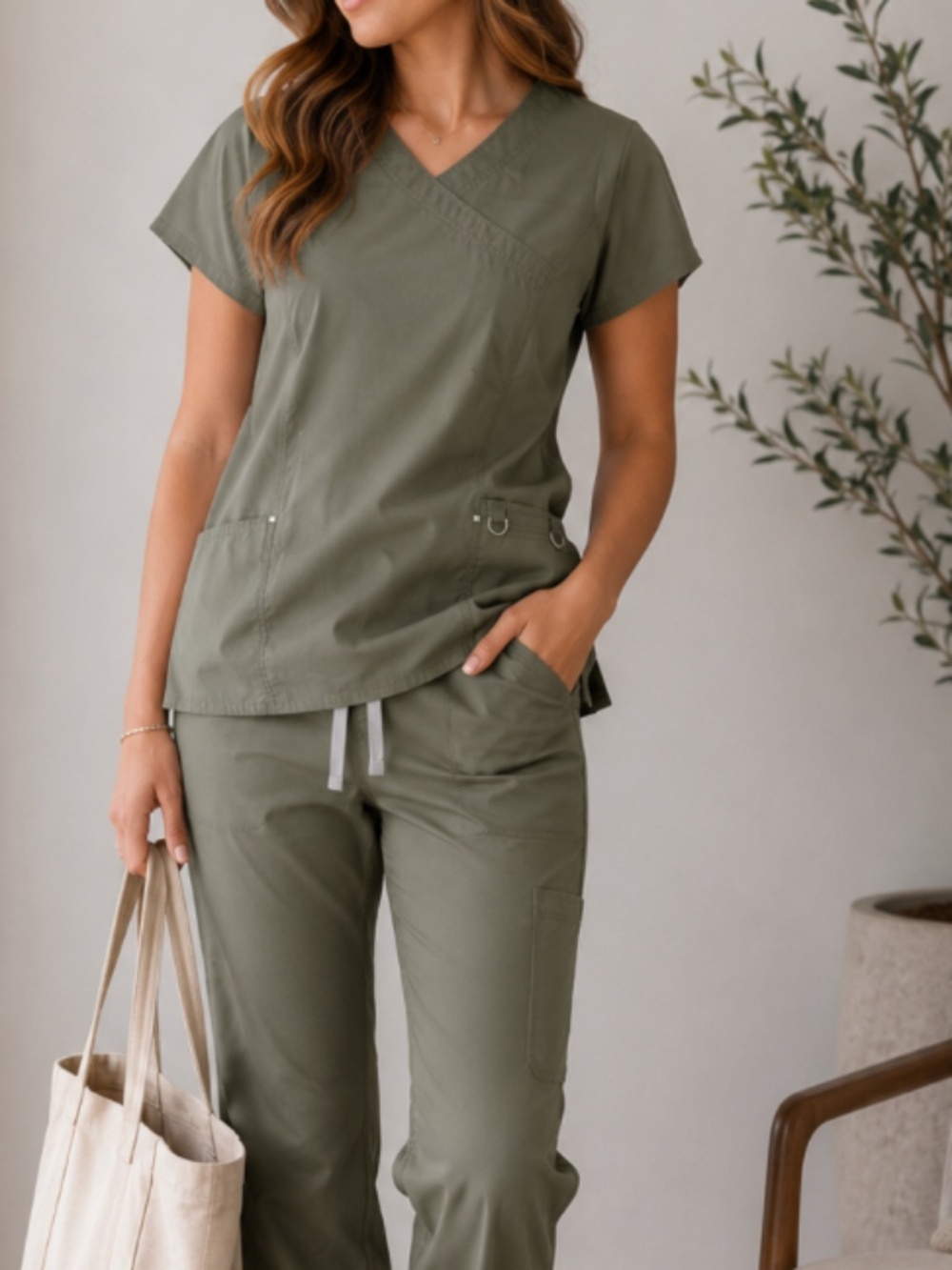 Scrubstar | Olive Green V-Neck Scrub Top with Rainbow Trim  Size XL